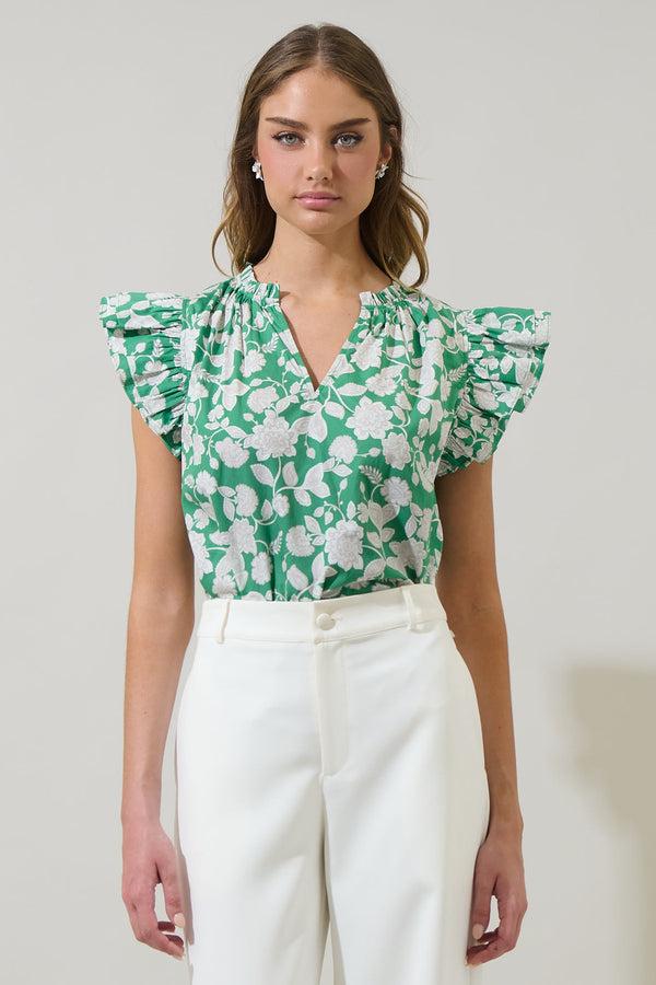 sugarlips Baxley Floral Risette Ruffle Split Neck Top