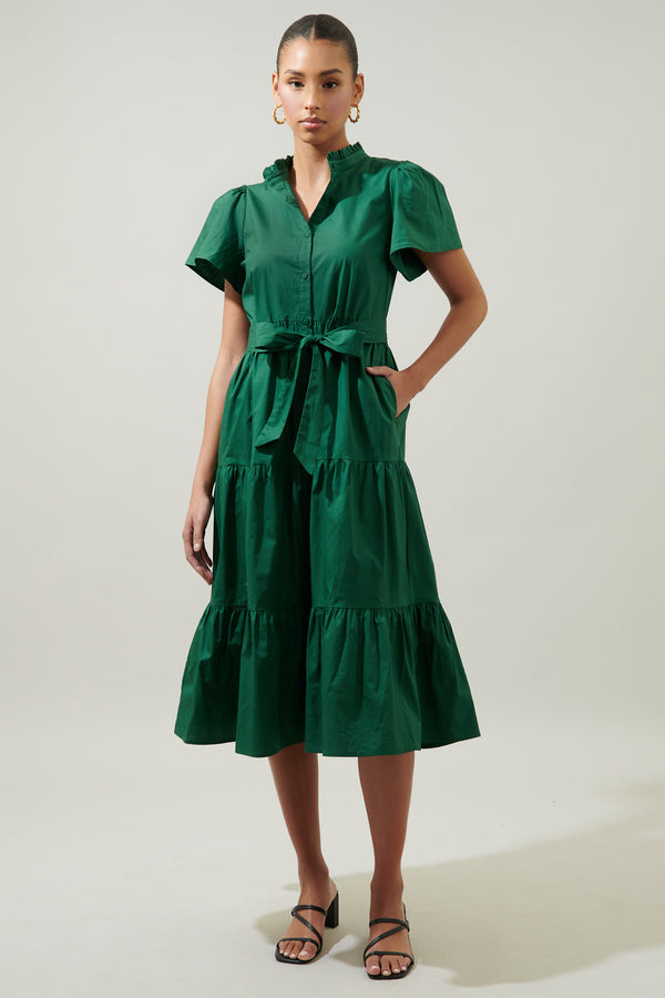 Sugarlips Bellucci Poplin Button Front Tiered Midi Dress