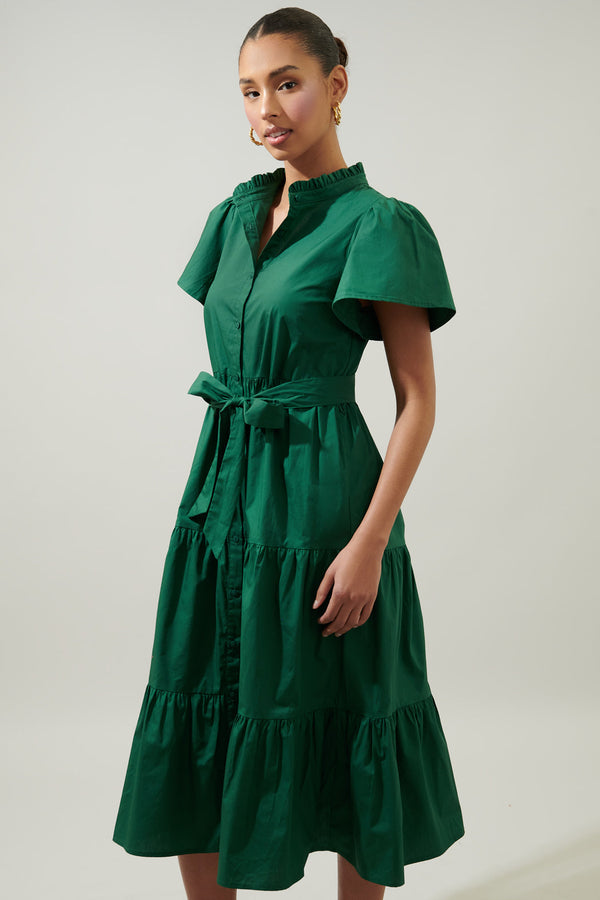 Sugarlips Bellucci Poplin Button Front Tiered Midi Dress