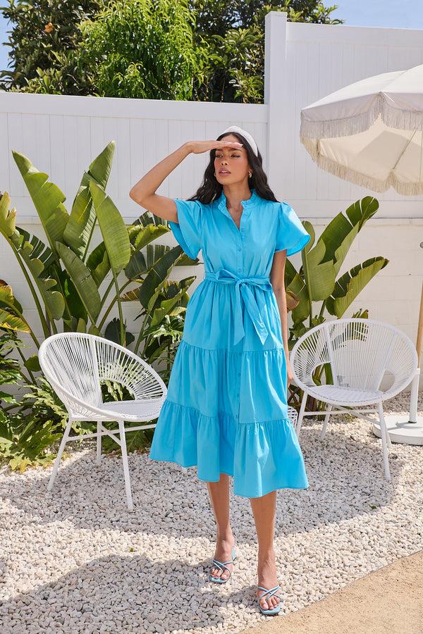 sugarlips Bellucci Poplin Button Front Tiered Midi Dress
