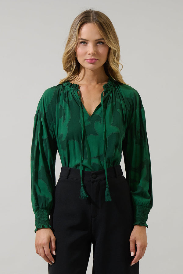 Sugarlips Benti Abstract Weylin Split Neck Tassel Blouse