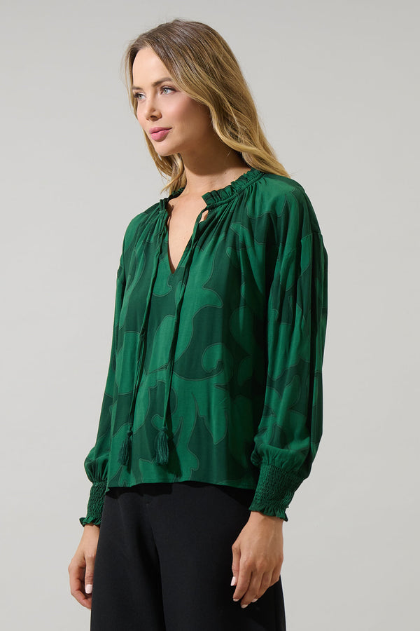 Sugarlips Benti Abstract Weylin Split Neck Tassel Blouse