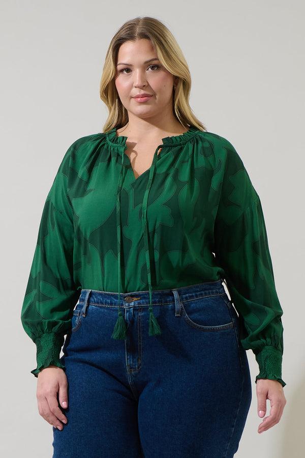 sugarlips Benti Abstract Weylin Split Neck Tassel Blouse Curve