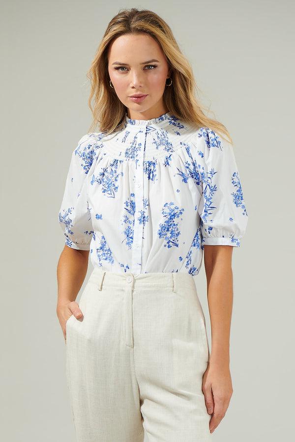 Sugarlips Bestia Floral Blossom Smocked Mock Neck Top