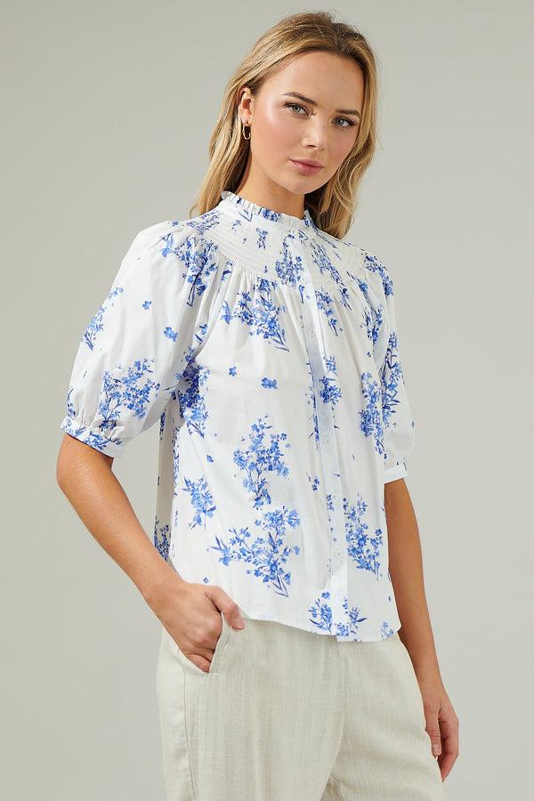 Sugarlips Bestia Floral Blossom Smocked Mock Neck Top