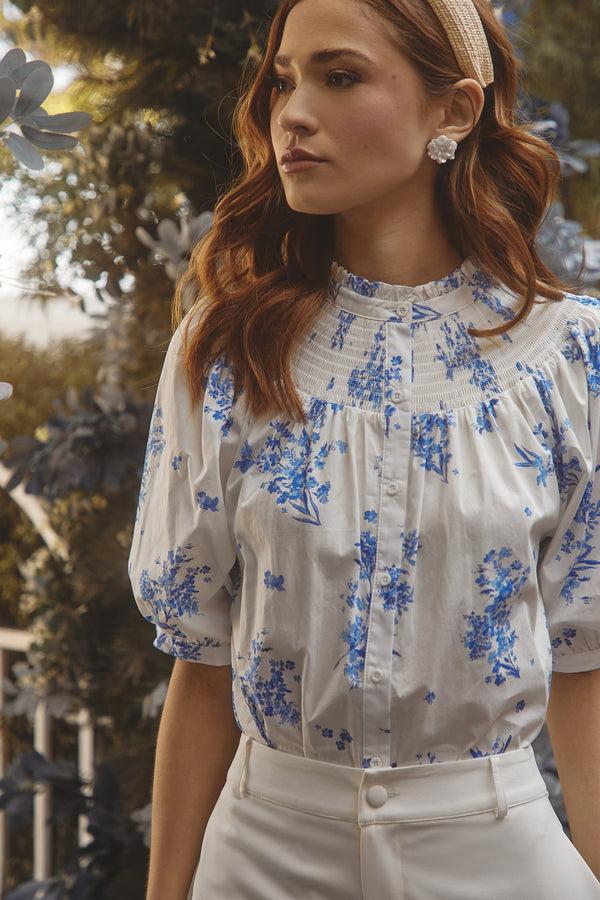 sugarlips Bestia Floral Blossom Smocked Mock Neck Top