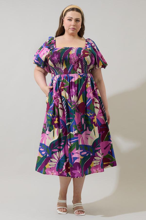 sugarlips Blain Tropics Maray Smocked Midi Dress Curve