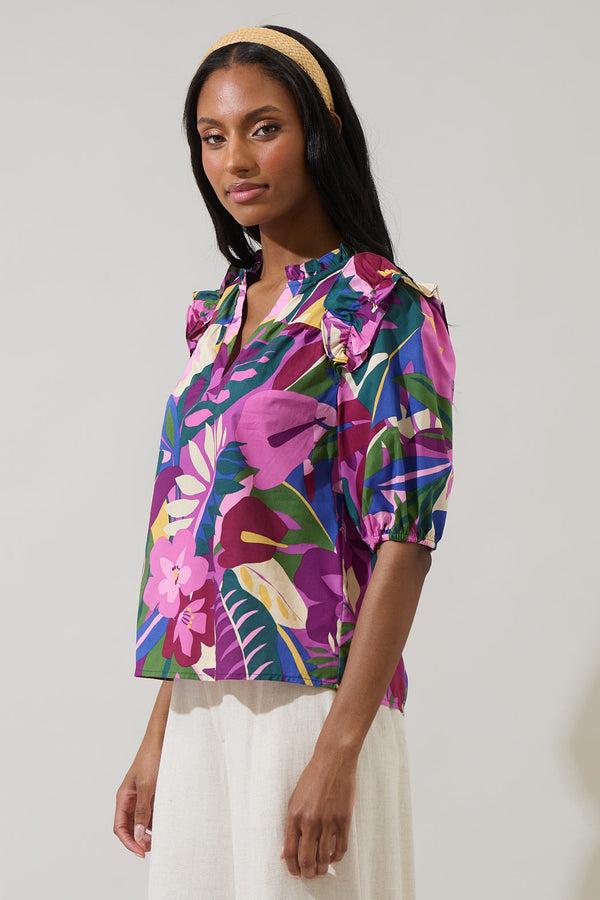 Sugarlips Blain Tropics Paz Poplin Short Sleeve Top