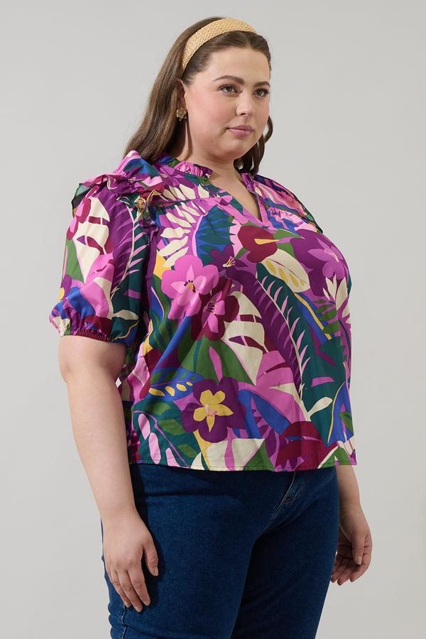 Sugarlips Blain Tropics Paz Poplin Short Sleeve Top Curve
