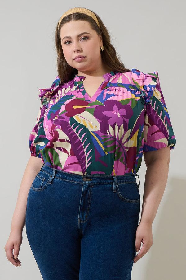 sugarlips Blain Tropics Paz Poplin Short Sleeve Top Curve