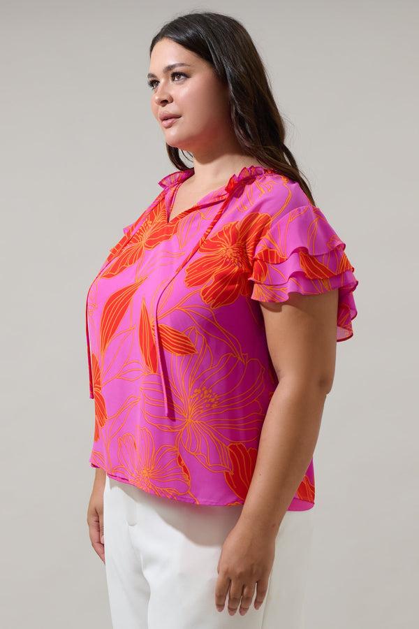 Sugarlips Blakeley Floral Donis Split Neck Blouse Curve