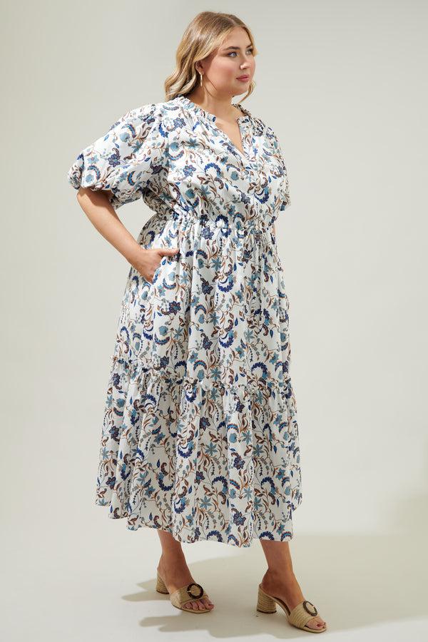 Sugarlips Blanche Floral Ginny Bubble Sleeve Midi Dress Curve
