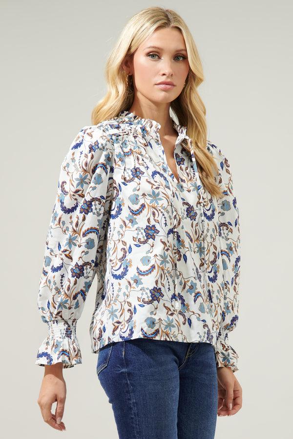 Sugarlips Blanche Floral Russo Pleated Long Sleeve Blouse