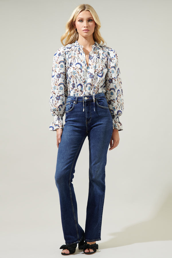 Sugarlips Blanche Floral Russo Pleated Long Sleeve Blouse