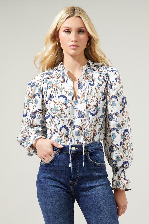 sugarlips Blanche Floral Russo Pleated Long Sleeve Blouse