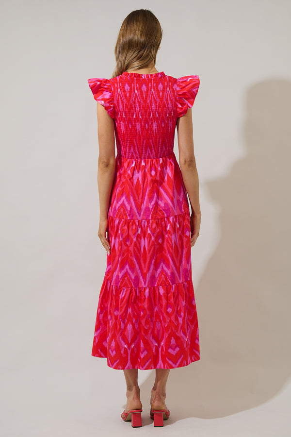 Sugarlips Blevin Ikat Sunfire Smocked Bodice Tiered Midi Dress