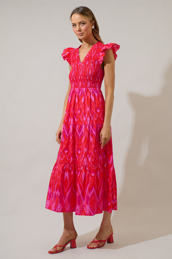 Sugarlips Blevin Ikat Sunfire Smocked Bodice Tiered Midi Dress