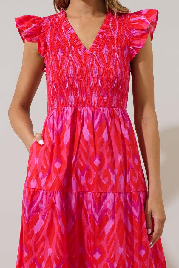 Sugarlips Blevin Ikat Sunfire Smocked Bodice Tiered Midi Dress