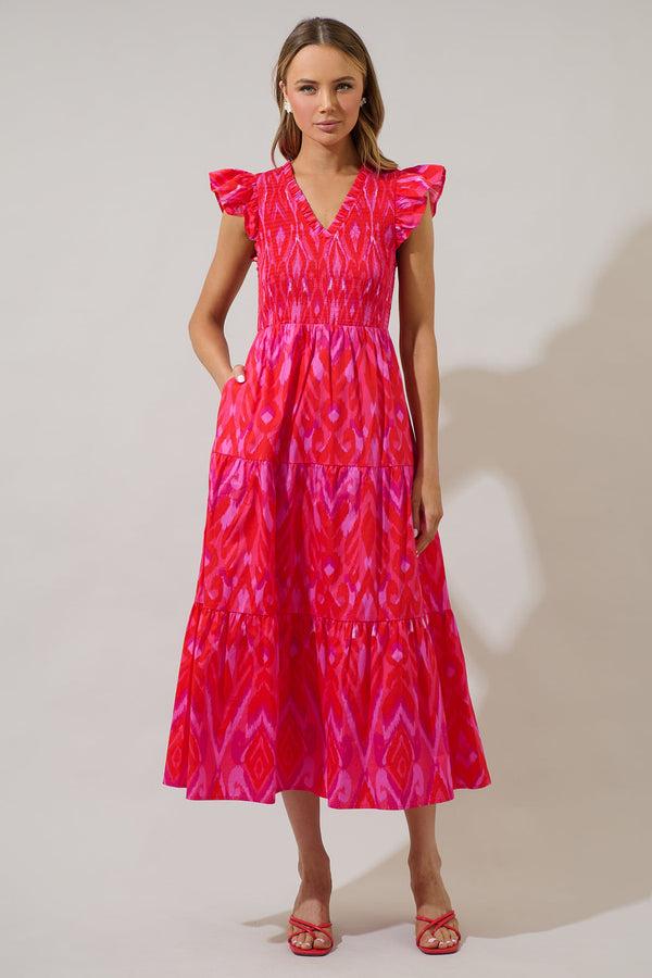 sugarlips Blevin Ikat Sunfire Smocked Bodice Tiered Midi Dress