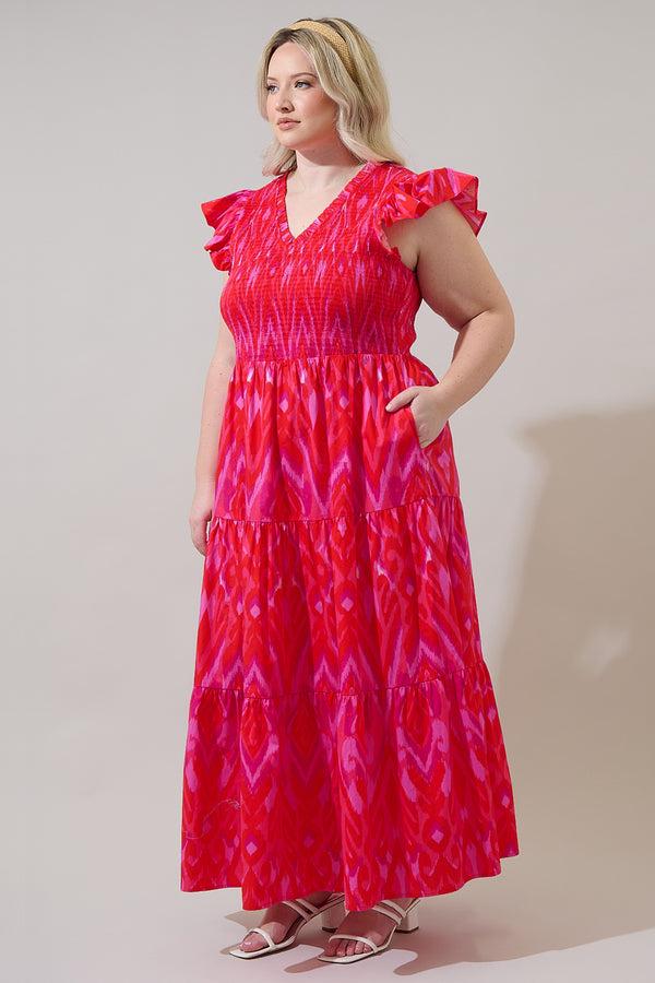 Sugarlips Blevin Ikat Sunfire Smocked Midi Dress Curve