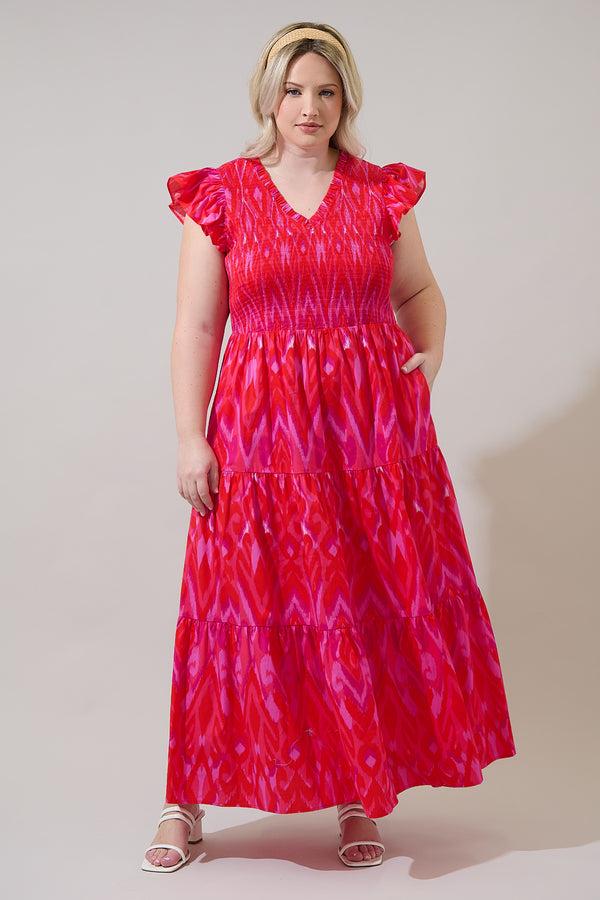 sugarlips Blevin Ikat Sunfire Smocked Midi Dress Curve