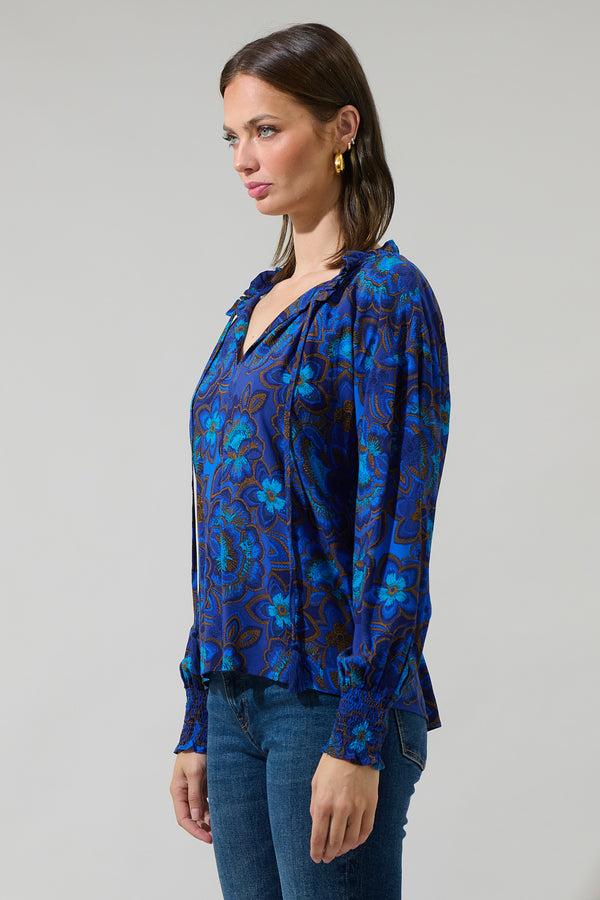 Sugarlips Bluford Floral Weylin Split Neck Tassel Blouse