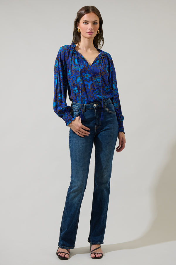 Sugarlips Bluford Floral Weylin Split Neck Tassel Blouse