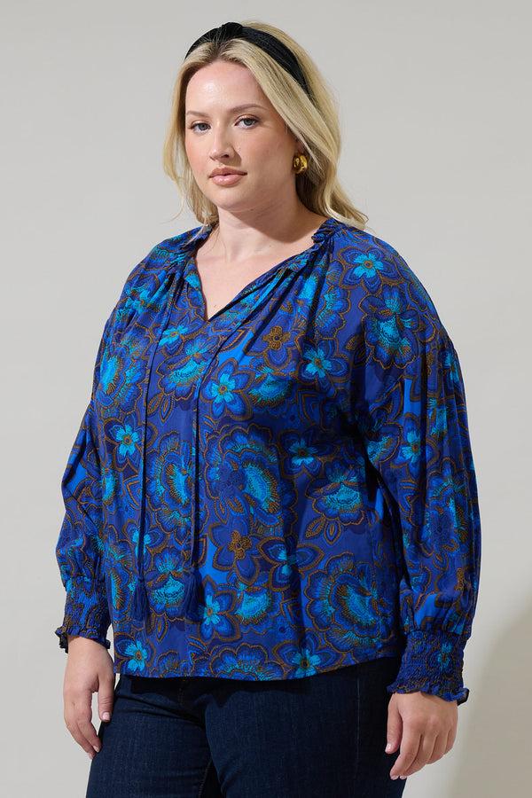 Sugarlips Bluford Floral Weylin Split Neck Tassel Blouse Curve