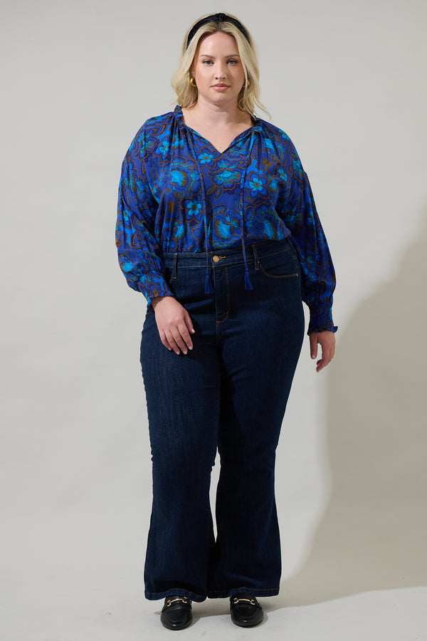 Sugarlips Bluford Floral Weylin Split Neck Tassel Blouse Curve