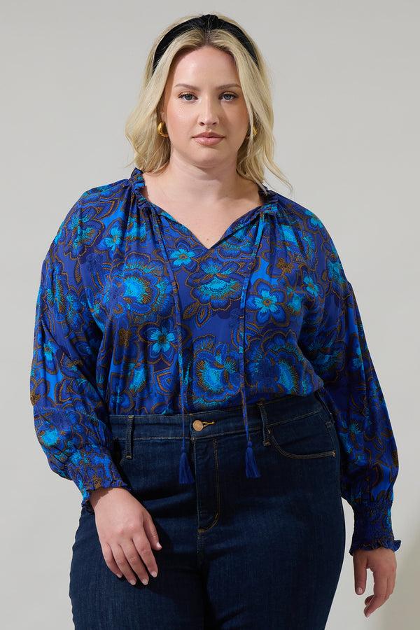 sugarlips Bluford Floral Weylin Split Neck Tassel Blouse Curve
