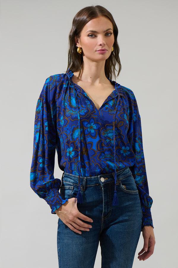 sugarlips Bluford Floral Weylin Split Neck Tassel Blouse