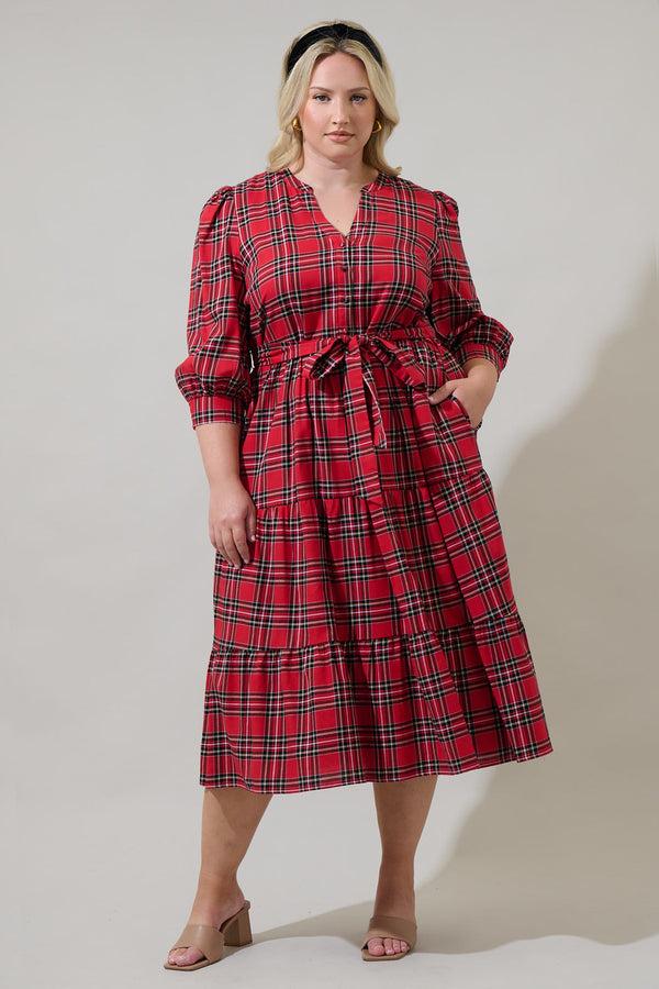 sugarlips Boswell Tartan Plaid Yanis Button Up Midi Dress Curve