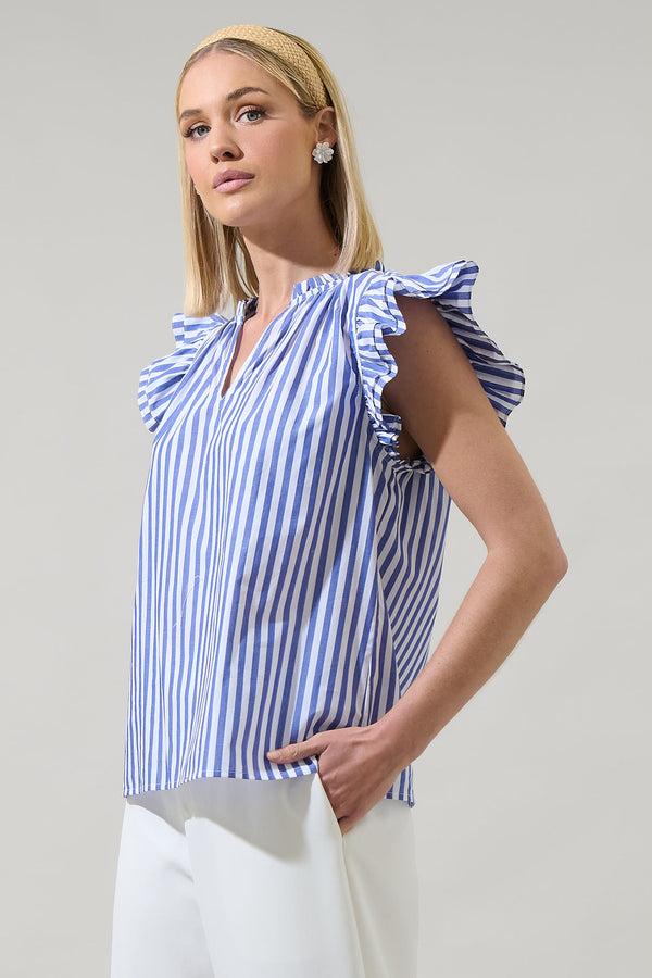 Sugarlips Brandy Striped Risette Ruffle Split Neck Top