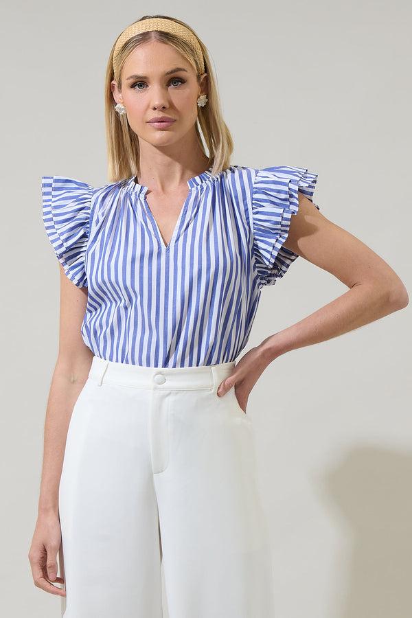 sugarlips Brandy Striped Risette Ruffle Split Neck Top