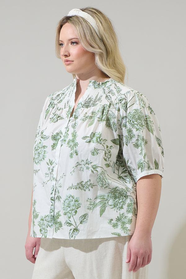 Sugarlips Bria Floral Blossom Smocked Mock Neck Top Curve