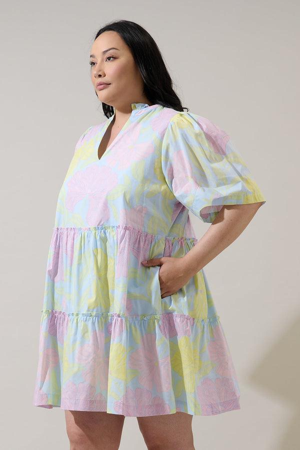 Sugarlips Brisa Floral Dixie Split Neck Shift Dress Curve