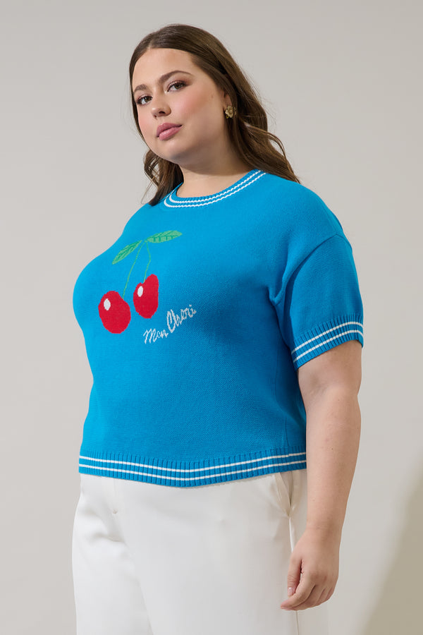 Sugarlips Brissy Cherry Drop Shoulder Sweater Top Curve