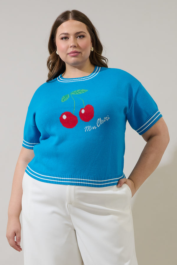 sugarlips Brissy Cherry Drop Shoulder Sweater Top Curve