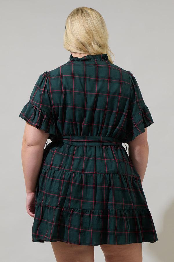 Sugarlips Brook Plaid Cottonwood Ruffle Button Down Mini Dress Curve