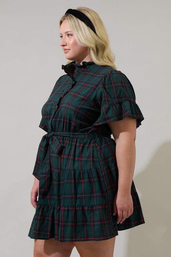 Sugarlips Brook Plaid Cottonwood Ruffle Button Down Mini Dress Curve