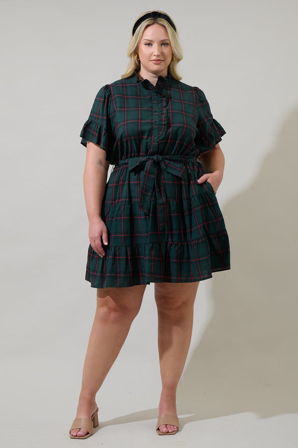 Sugarlips Brook Plaid Cottonwood Ruffle Button Down Mini Dress Curve