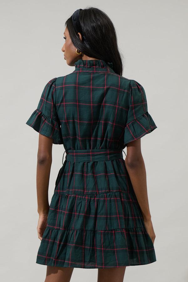 Sugarlips Brook Plaid Cottonwood Ruffle Button Down Mini Dress