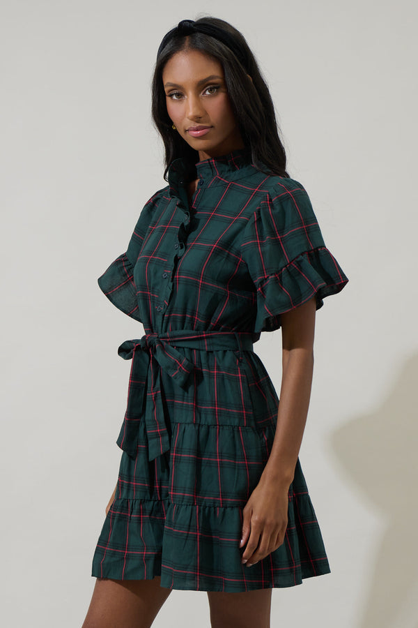 Sugarlips Brook Plaid Cottonwood Ruffle Button Down Mini Dress
