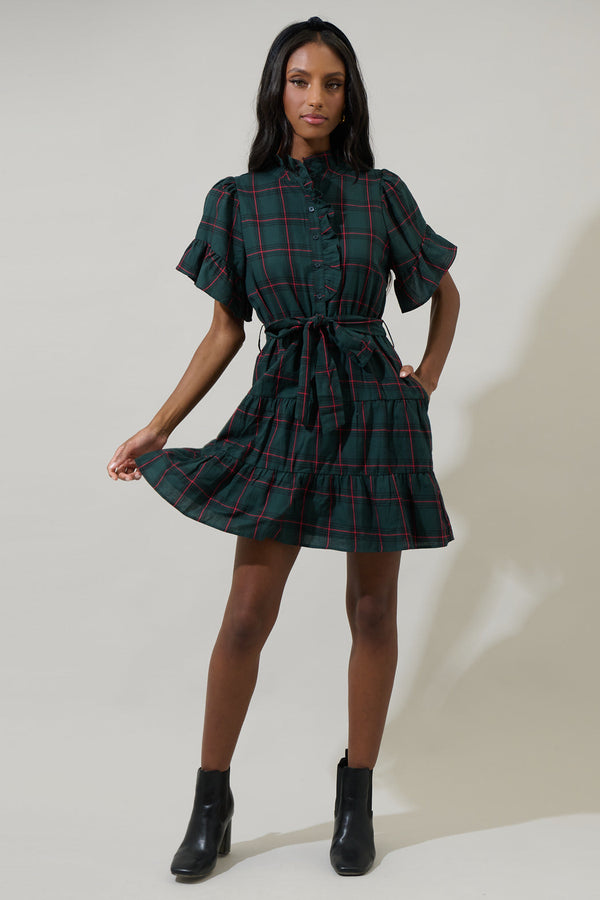 Sugarlips Brook Plaid Cottonwood Ruffle Button Down Mini Dress