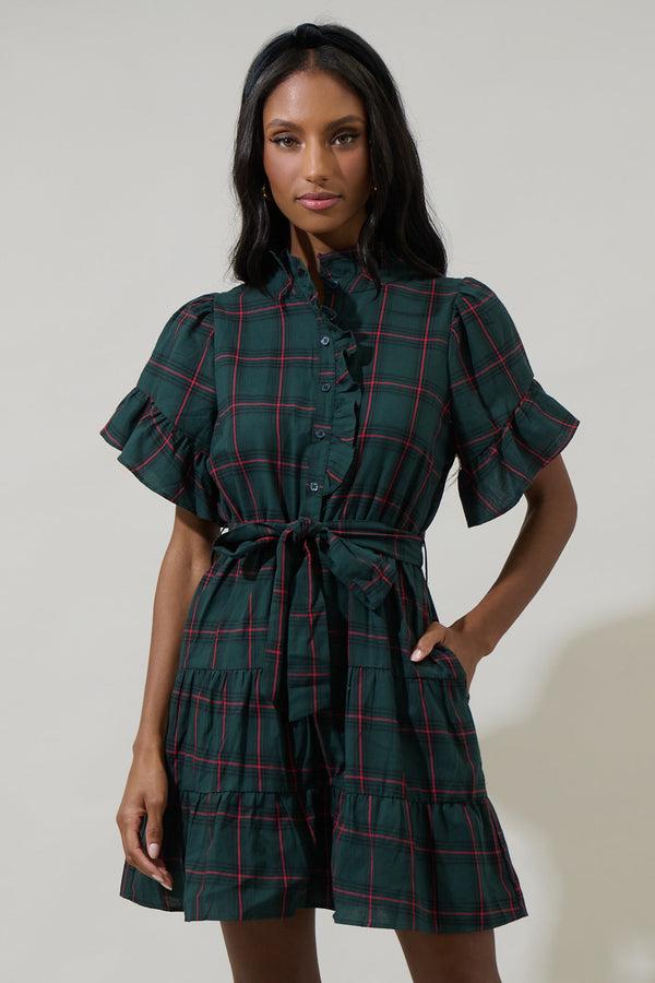 sugarlips Brook Plaid Cottonwood Ruffle Button Down Mini Dress