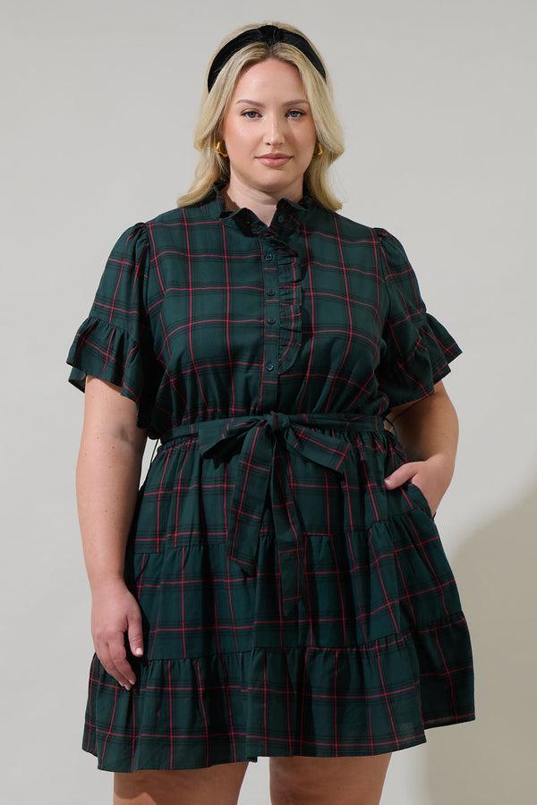 sugarlips Brook Plaid Cottonwood Ruffle Button Down Mini Dress Curve