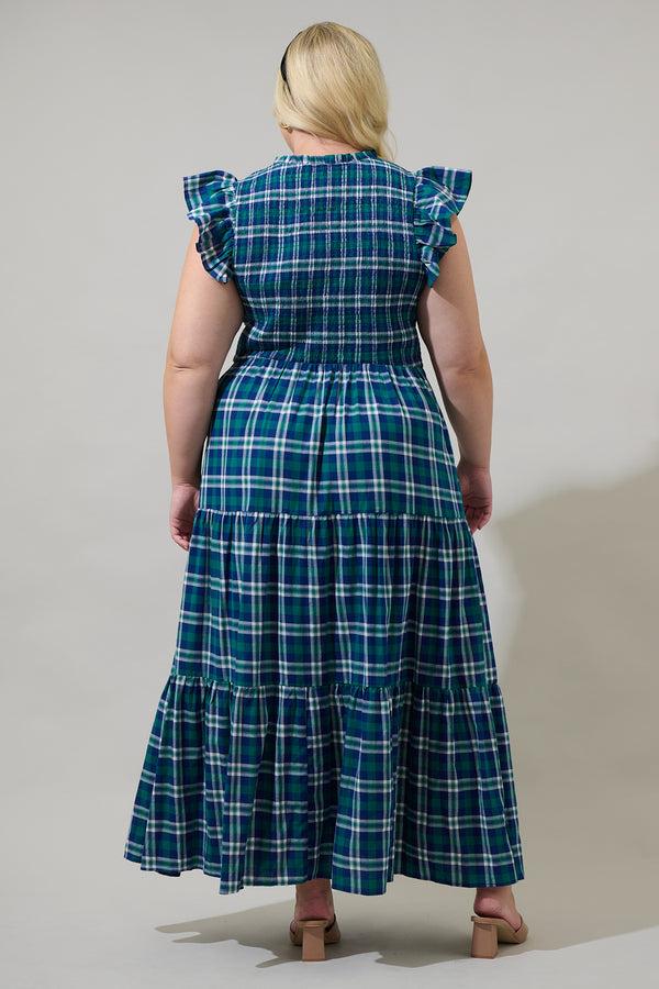 Sugarlips Buckley Plaid Sunfire Smocked Bodice Tiered Midi Dress Curve