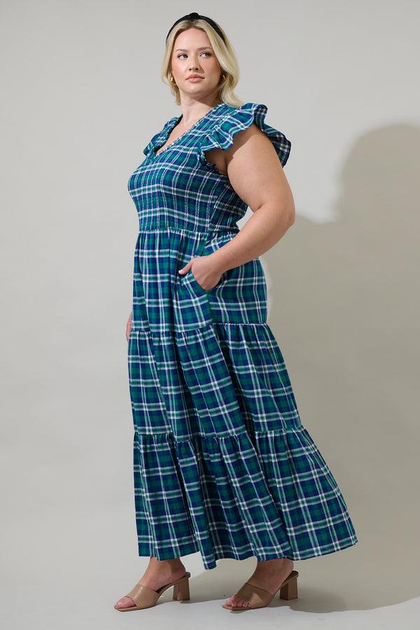 Sugarlips Buckley Plaid Sunfire Smocked Bodice Tiered Midi Dress Curve