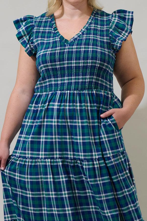 Sugarlips Buckley Plaid Sunfire Smocked Bodice Tiered Midi Dress Curve