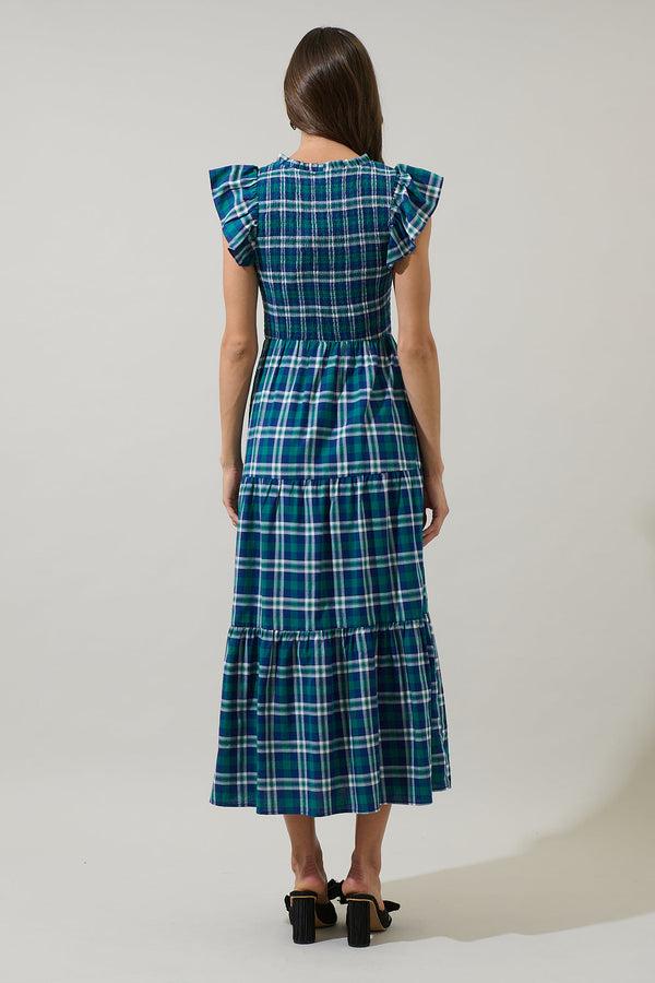 Sugarlips Buckley Plaid Sunfire Smocked Bodice Tiered Midi Dress